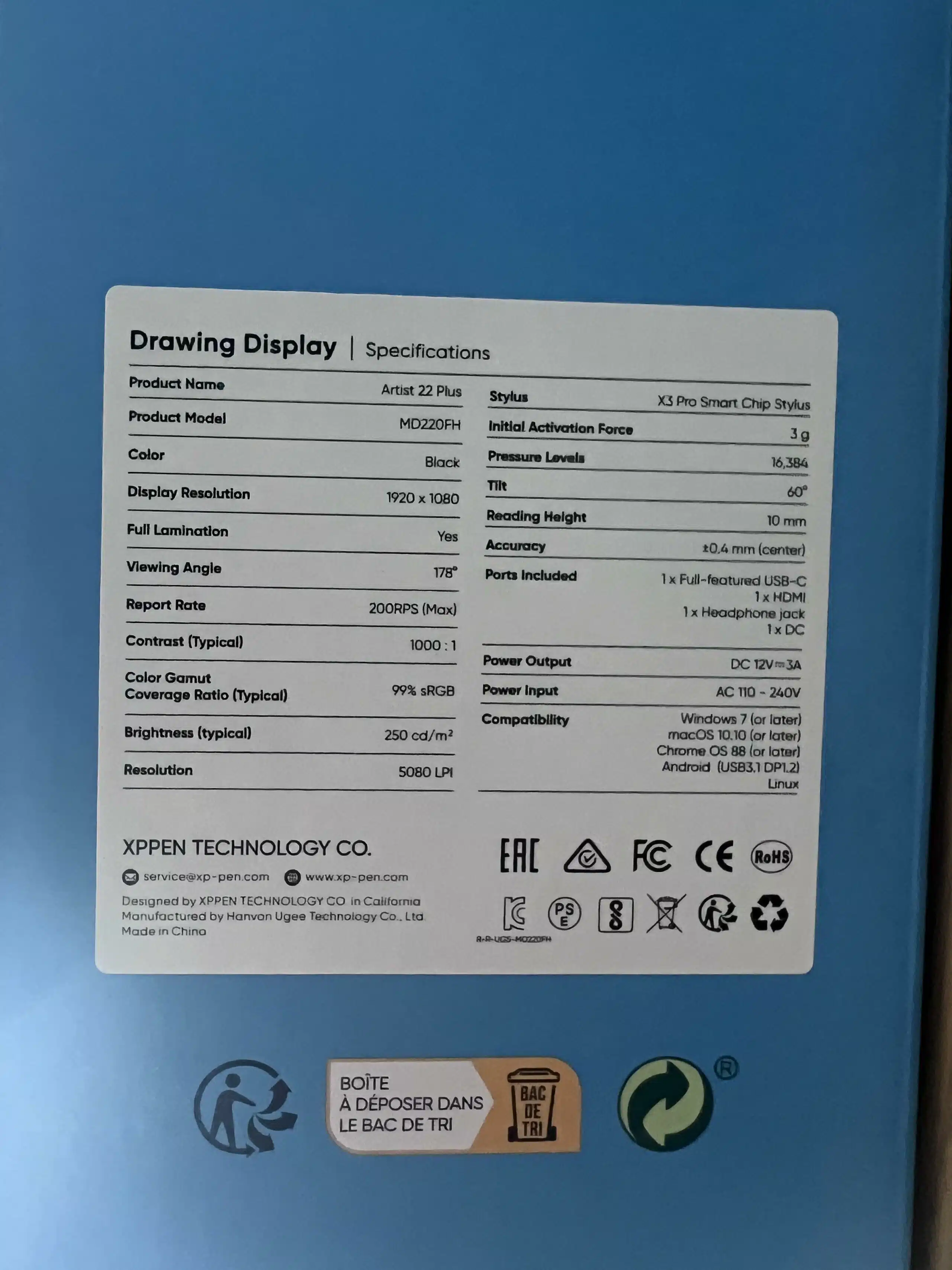 XP Pen Artist 22 Plus Specifications